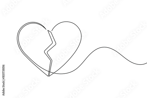 Continuous line drawing of a broken heart, illustrating sadness