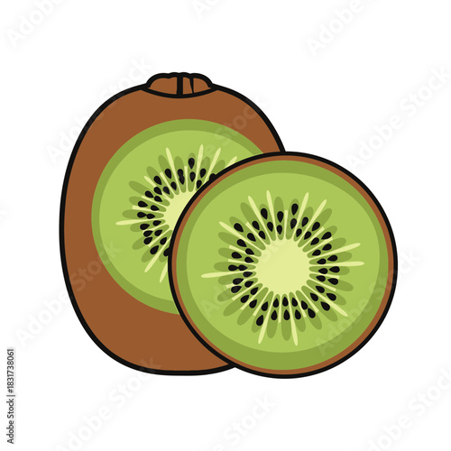 Vibrant illustration of a whole kiwi fruit alongside a cross-section revealing its green flesh and black seeds.