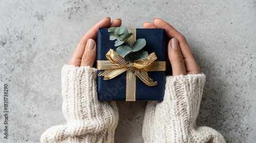 Gift Box with Eucalyptus on Gray Background and Copy Space