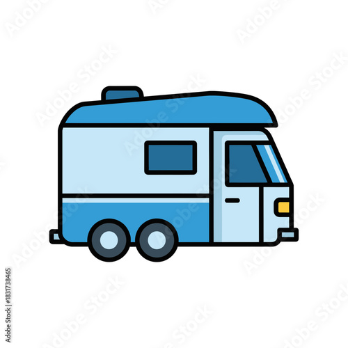 A simple cartoon illustration of a blue and white camper van for travel and leisure activities.