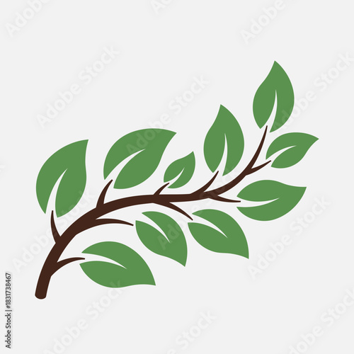Stylized graphic illustration of a brown branch with vibrant green leaves against a plain white background.