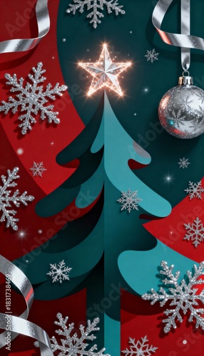 Elegant Christmas Tree with Shining Star and Snowflakes