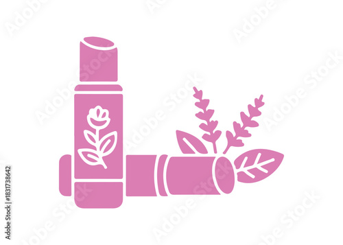 Colored glyph icon of organic lip balm.  An organic cosmetic that includes aloe vera extract.  Lip care infused with medicinal herbs.  A cosmetic product made from plants.