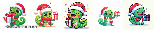 cute chameleon character vector in Christmas costume