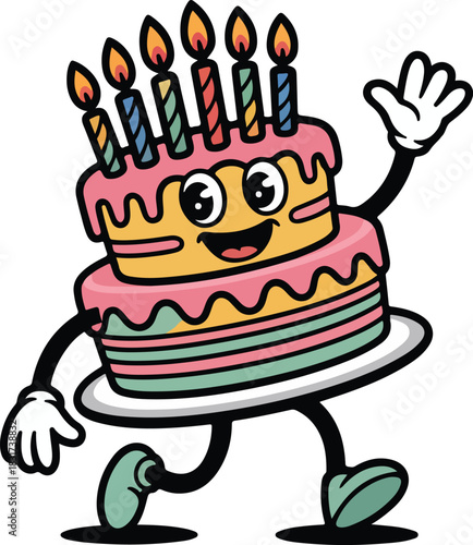 Happy cartoon birthday cake vector with lit candles and smiling face for celebration events