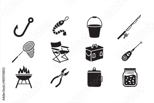 Hook, Bait, and Rod Line Art Set for Fishing Graphics and Outdoor Activity Design