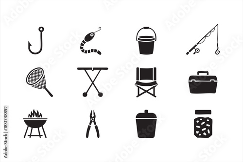 Angling Equipment Icons for Camping Layouts, Gear Guides, and Recreational Use