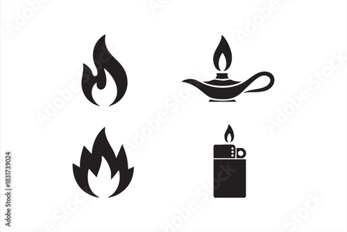 Oil Lamp and Flame Outline Icons for Energy, Light, and Heat Illustration Work