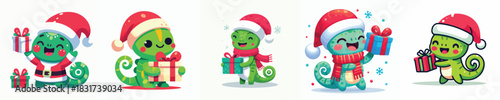 cute chameleon character vector in Christmas costume