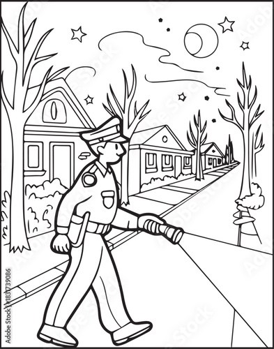Cute police officer with uniform and doing job at night vector outline illustration coloring page for kids 