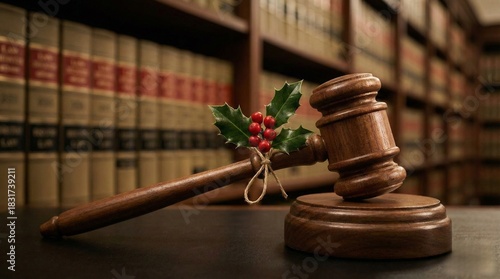 Gavel with Christmas Decoration in Library