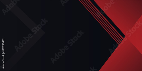 Geometri 3d modern membentuk garis hitam dengan batas merah pada latar belakang gelap. Garis merah terang mewah dengan efek metalik.modern