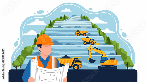 Mining Engineer Inspecting a Quarry Operation with Trucks and Excavator