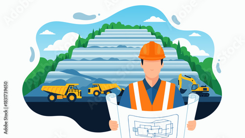 Mining engineer managing an industrial site, planning future operations with heavy equipment and a quarry landscape illustration