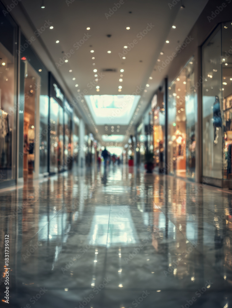 Fototapeta premium Shining polished floor reflects ceiling lights inside a modern shopping mall corridor with glass storefronts creating a bright and spacious atmosphere