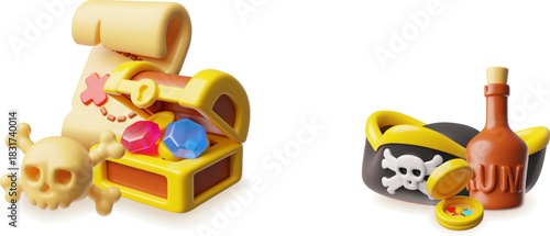 Treasure chest, map scroll and skull with bones 3D style illustration set, cartoon pirate hat, bottle of rum and compass