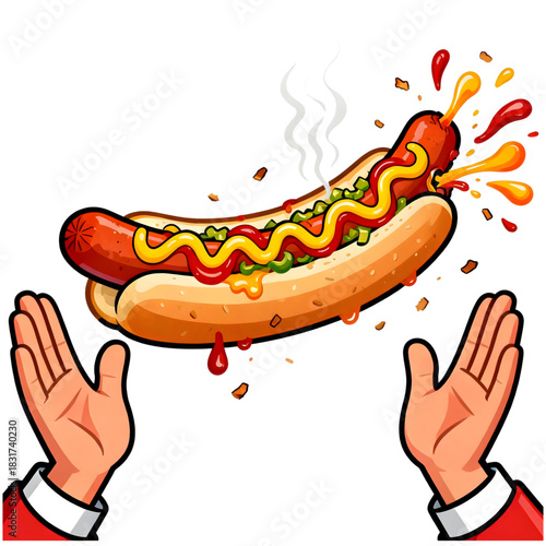 Hot Dog in Midair with Splashing Condiments and Steamy Vibe