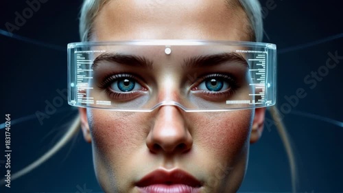 Futuristic Woman with Short Blonde Hair Wearing Transparent AR Visor Interface
