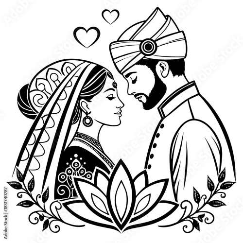 A black-and-white line-art illustration featuring a South Asian couple, likely a bride and groom, dressed in traditional wedding attire.