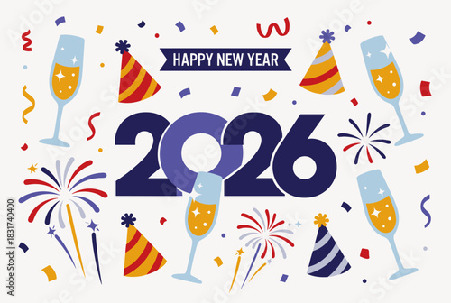 Festive New Year 2026 vector with champagne glasses, hats, fireworks, and colorful confetti.

