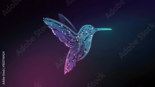 Stunning neon hummingbird with modern circuit board design for tech innovation concepts and digital art