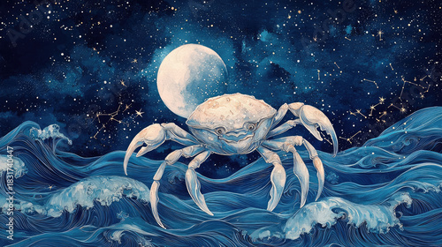 Cancer zodiac sign crab emerging from deep blue ocean waves under a luminous full moon, surrounded by cosmic starry constellations for astrology and horoscope
