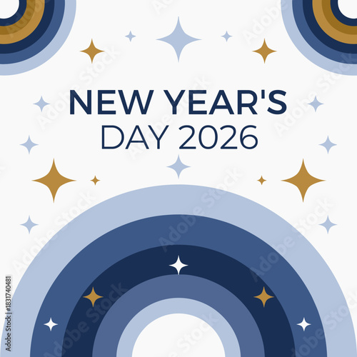 New Year’s Day 2026 vector with retro blue arches, stars, and clean festive decorative shapes.
