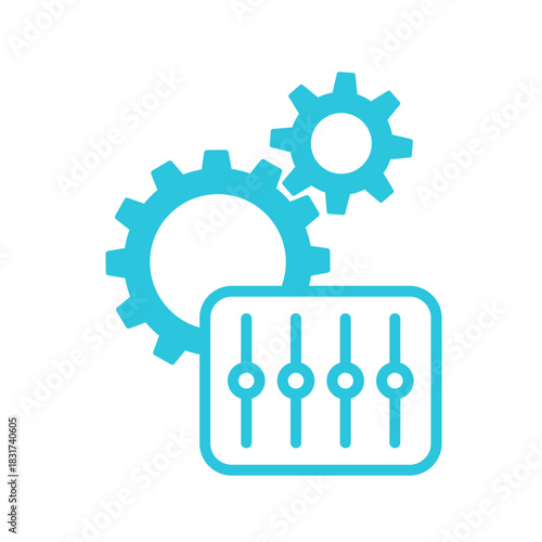 Attunement icon, gears with control pannel, Isolated on white background. Blue icon