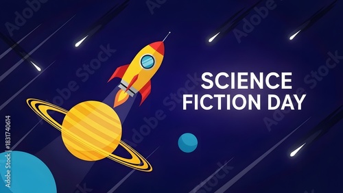 Illustration celebrating science fiction day featuring a yellow rocket ship launching past a ringed planet in deep space