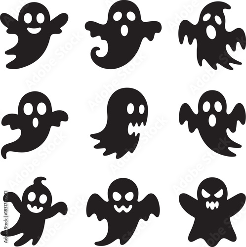 Collection of Halloween Ghosts Silhouettes in Black Color for Decoration