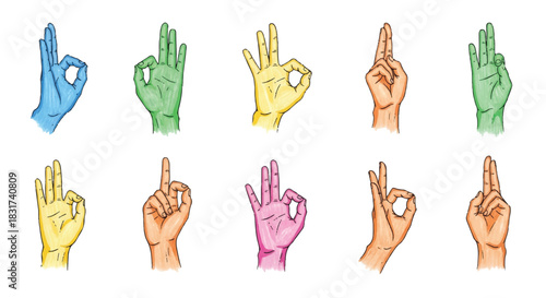 A vibrant 2D flat style illustration showcasing a collection of spiritual yoga mudras and colorful hand gestures for meditation, wellness, and holistic practice on a simple white background.