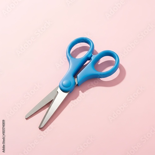 Pair of bright blue scissors on a soft pink background with shadow