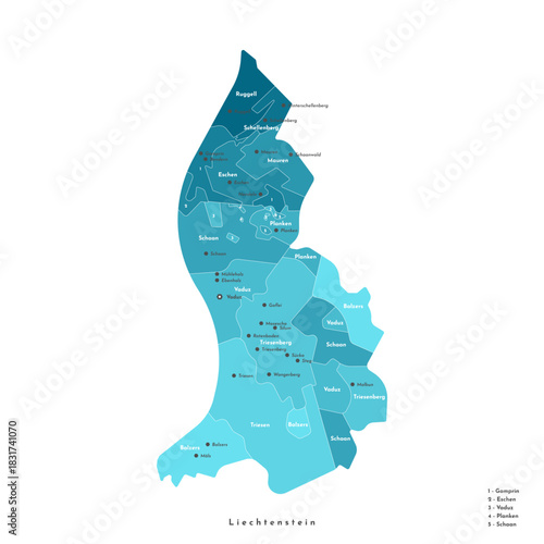 Vector isolated illustration. Simplified administrative map of Liechtenstein. Blue background of shapes of municipalities. Names of cities and villages