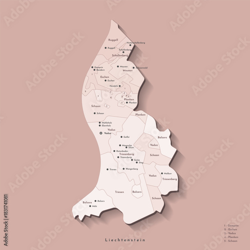 Vector isolated illustration. Simplified administrative map of Liechtenstein. Beige background of shapes of municipalities on brown background. Names of cities and villages