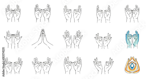 A vibrant collection of colorful hand-drawn spiritual mudras featuring diverse yoga and meditation gestures in a clean 2D flat vector illustration style isolated on white.
