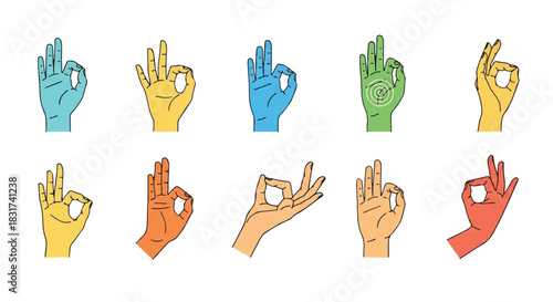Colorful vector illustration set of sacred mudras, the spiritual hand gestures used for yoga and meditation, rendered in a modern 2D flat style isolated on a clean white backdrop.
