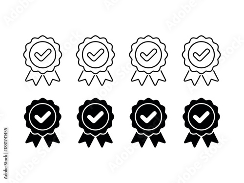 Multiple stylized checkmark award medals are displayed in two rows, representing quality and approval.