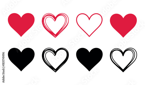 A collection of stylized heart shapes in various designs and colors, including solid red, sketched red, outlined white, solid black, and sketched white.