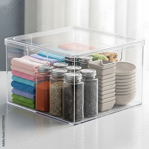Clear organizing bin filled with colorful towels spices and small bowls