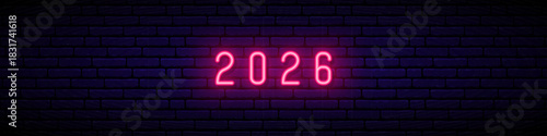 Bright neon digits display 2026, radiating festive atmosphere for celebrations. Long web banner