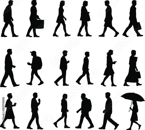 Vector silhouettes of people, men, and woman engaged in sport, dance, and business action illustration set