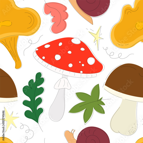 Vector seamless pattern with mushrooms and autumn leaves