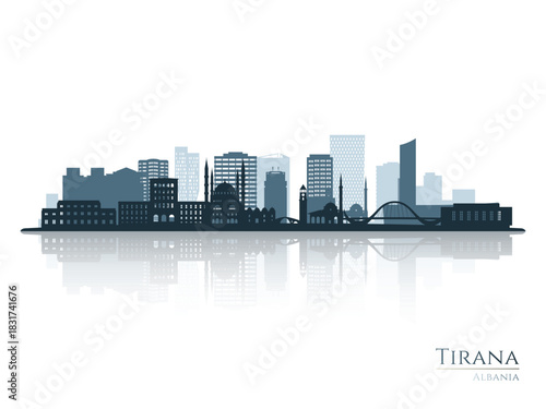 Tirana skyline silhouette with reflection. Landscape Tirana, Albania. Vector illustration.