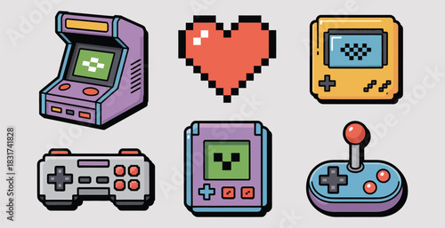 Retro Gaming Icons: Arcade Machine, Heart, Handhelds, Controller, Joystick vintage