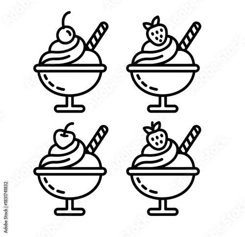 A set of four stylized illustrations of ice cream sundaes with cherries and strawberries on top.