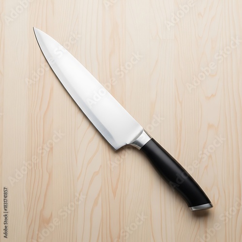 Sharp chef knife with black handle on a light wooden surface