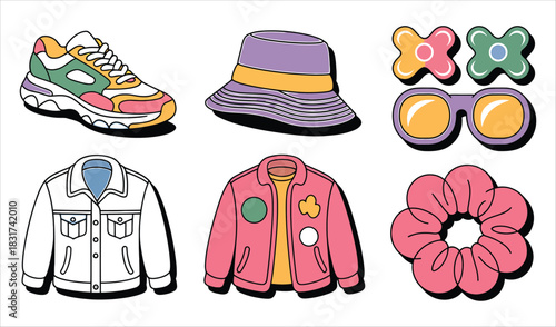 Trendy Fashion And Accessory Icons In Bright Colors On White Keywords: trendy, fashion