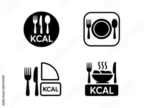 Set of four distinct icons representing the concept of calories in food and dining, providing nutritional information.