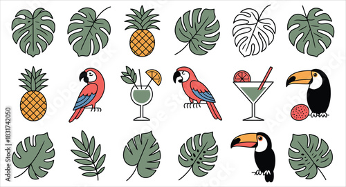 Tropical Summer Icons Pineapples Parrots Toucans Cocktails Monstera Leaves Keywords: tropical