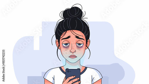 Exhausted Woman Scrolling Phone, Sleeplessness, Modern Lifestyle Vector
